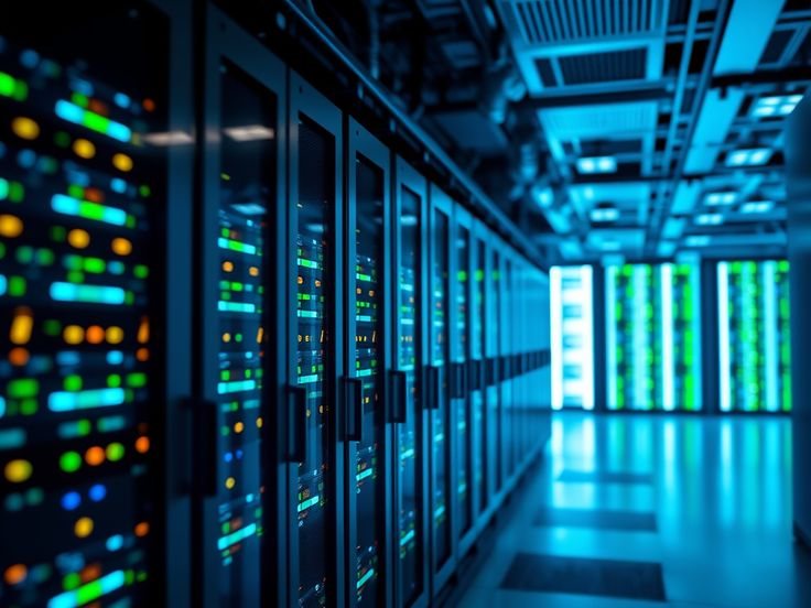 Corredor de racks iluminados em um data center.